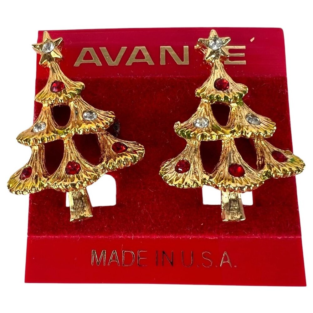 New Vintage Avante Christmas Tree Clip On Earrings Rhinestones Gold Tone Holiday